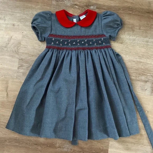 Carriage Boutique | Dresses | Carriage Boutique Grey Flannel Smocked Dress  With Red Rose Embroidery | Poshmark